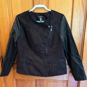 Alfani Women's Faux Black Suede and Faux Leather Full-Zip Jacket, Size: L